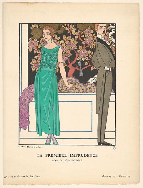 La Première Imprudence: Robe du soir, de Beer, George Barbier (French, Nantes 1882–1932 Paris), Hand-colored commercial process illustration (pochoir) 