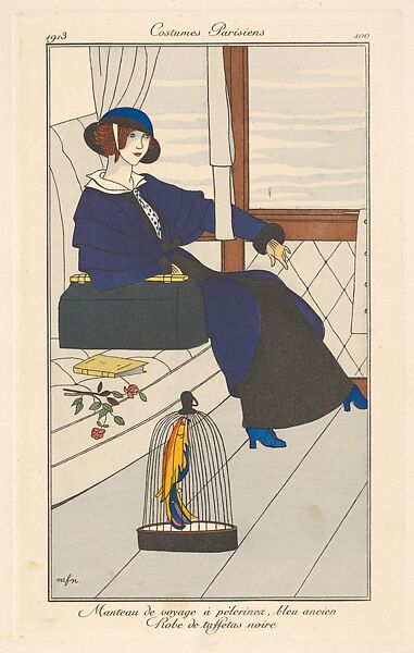 Manteau de voyage à pélerinez, from Costumes Parisiens, George Barbier (French, Nantes 1882–1932 Paris), Hand-colored commercial process illustration (pochoir) 