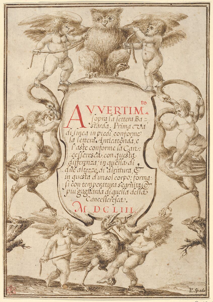 Frontispiece with Putti and Animals, Valerio Spada (Italian, Valdasa, 1613–1688), Pen and brown and red ink 
