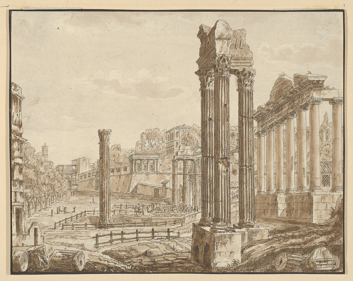 Roman Forum, Anonymous, Italian, 17th century, Pen and black ink with brown wash 