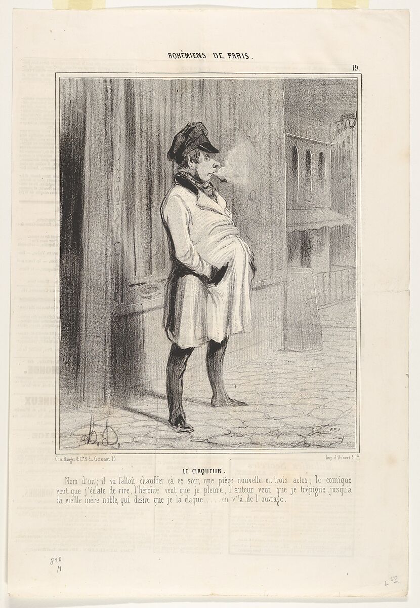 The Hired Clapper, plate 19 from "Artists and Bonvivants of Paris," published in Le Charivari, Honoré Daumier (French, Marseilles 1808–1879 Valmondois), Lithograph on newsprint; second state of three 
