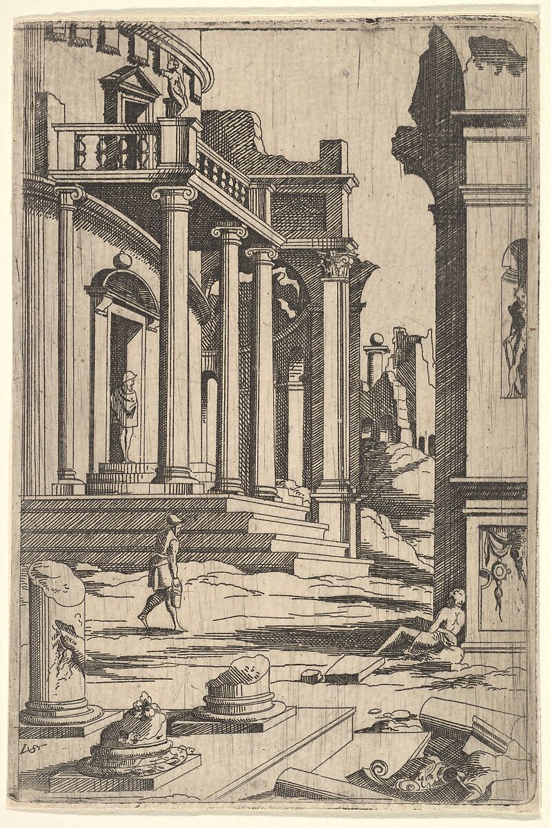 Classizing Landscape with Three Figures, from a series of architectural ruins with figures, in reverse after prints by Jacques Androuet Ducerceau after Léonard Thiry, Virgil Solis (German, (?) 1514–1562 Nuremberg), Etching 