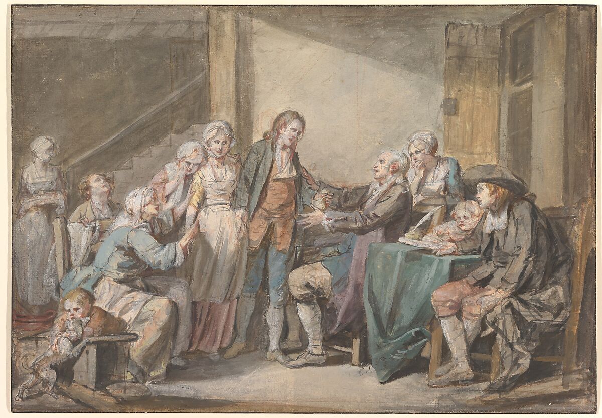 The Marriage Contract, Jean-Baptiste Greuze (French, Tournus 1725–1805 Paris), Red and black chalk over traces of graphite, watercolor and gouache 