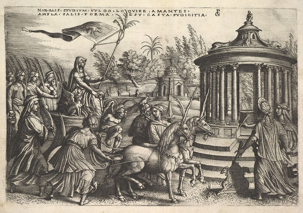 Triumph of Chastity: unicorns draw a carriage bearing a female figure seated next to a sphinx and holding a standard, Vestal virgins walk behind the carriage, round temple of Vesta at right, from the series 'The Triumphs of Petrarch', Georg Pencz (German, Wroclaw ca. 1500–1550 Leipzig), Engraving 