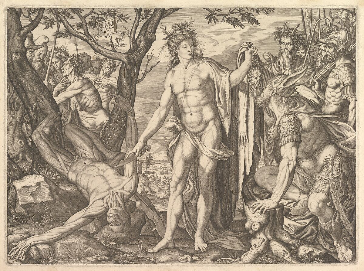 Apollo and Marsyas and the Judgment of Midas: at right Midas with the ears of an ass resting his hand against a tree stump, at center Apollo holds a flaying knife, at left the flayed corpse of Marsyas roped to a tree, soldiers and satyrs beyond, Melchior Meier (German, active Italy, ca. 1572–82), Etching 