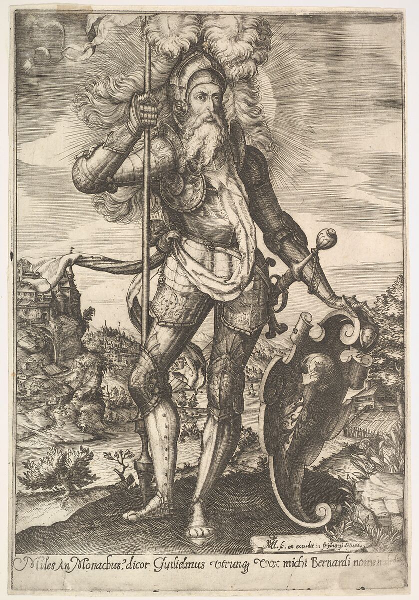 St. William of Aquitaine in armor bearing a standard in his right hand and resting his left hand on a shield, a landscape beyond, Martinus Martini (Swiss, 1566–1610), Etching 