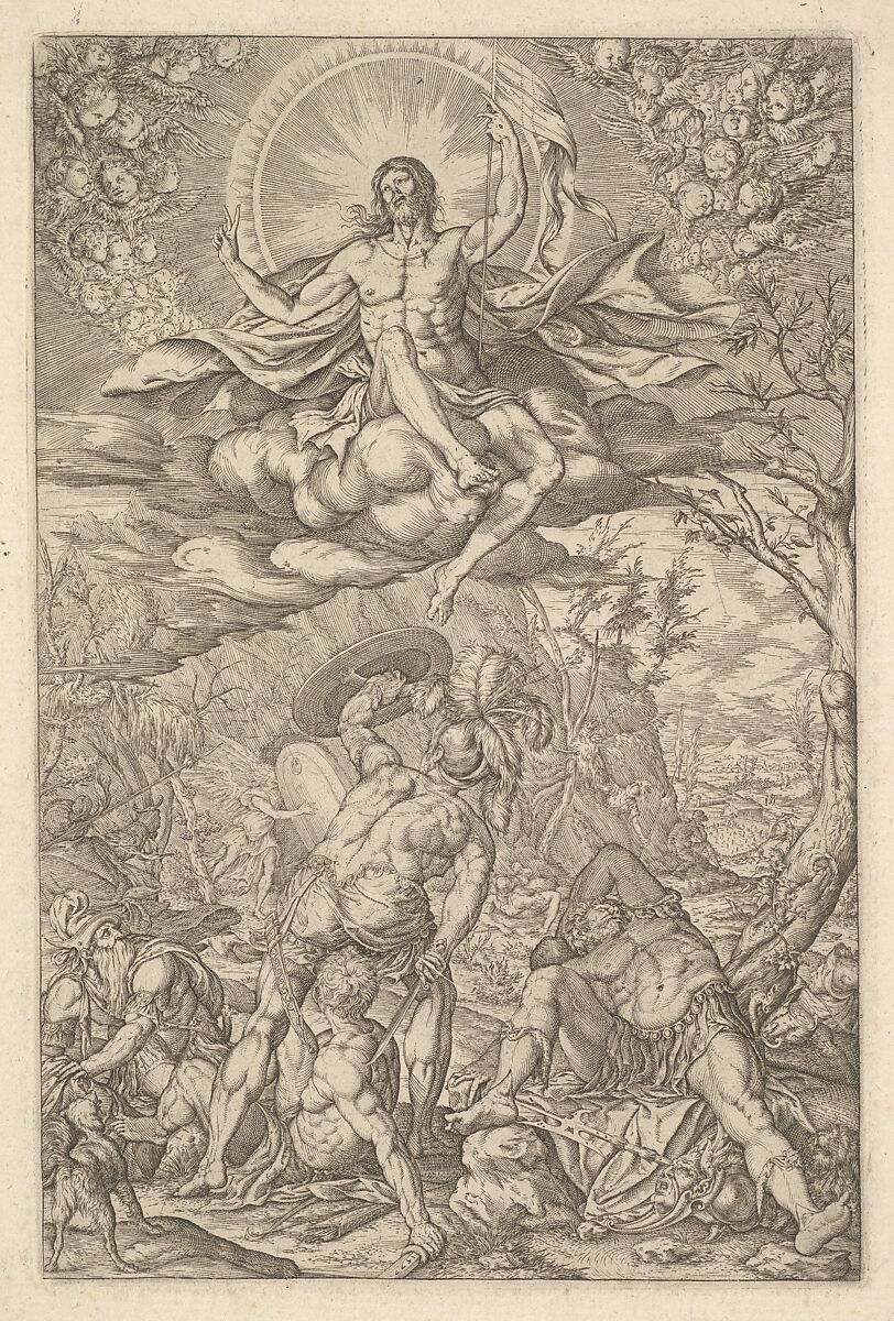 Resurrection of Christ, encompassed by an aureole and clouds with lines of winged putti to either side, a sleeping soldier and arising soldiers below, Melchior Meier (German, active Italy, ca. 1572–82), Etching 