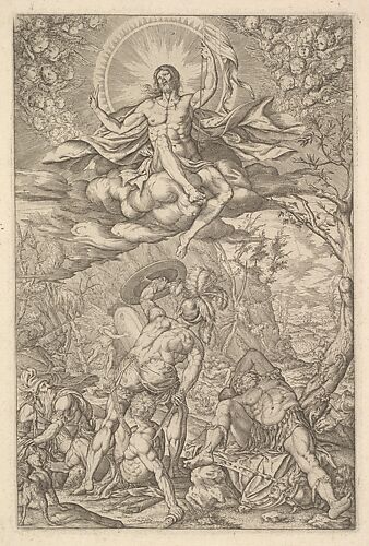 Resurrection of Christ, encompassed by an aureole and clouds with lines of winged putti to either side, a sleeping soldier and arising soldiers below
