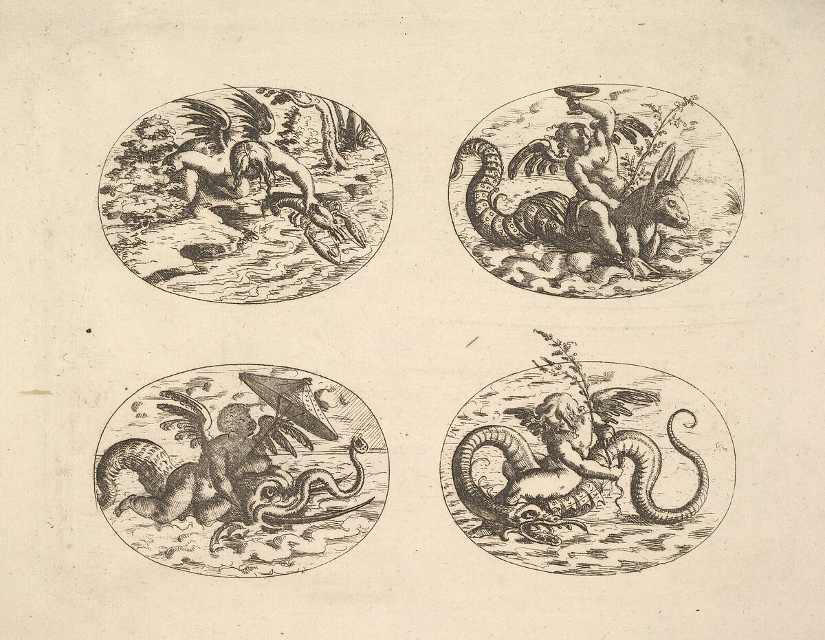 Putti with Sea Monsters, plates from the Neue Grotessken Buch, Christoph Jamnitzer (German, 1563–1618), Etching 