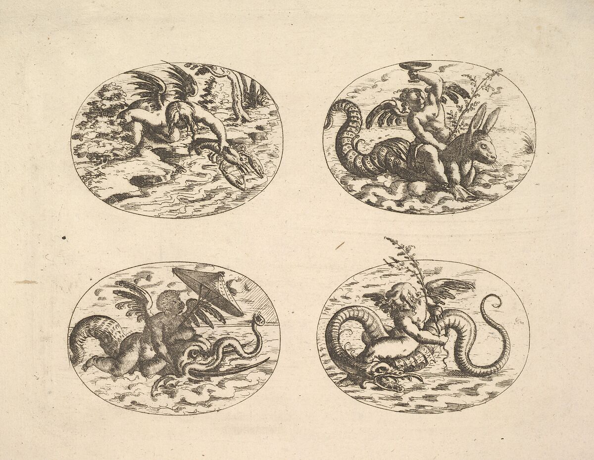 Putti with Sea Monsters, from "Neue Grotessken Buch", Christoph Jamnitzer (German, 1563–1618), Etching 