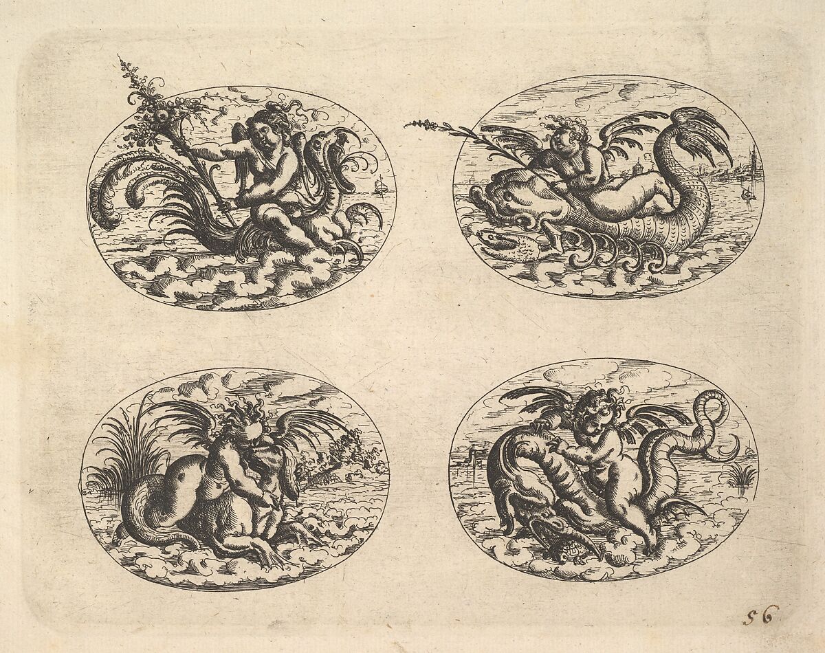 Four Ovals with Genii, plates from the Neue Grotessken Buch, Christoph Jamnitzer (German, 1563–1618), Etching 