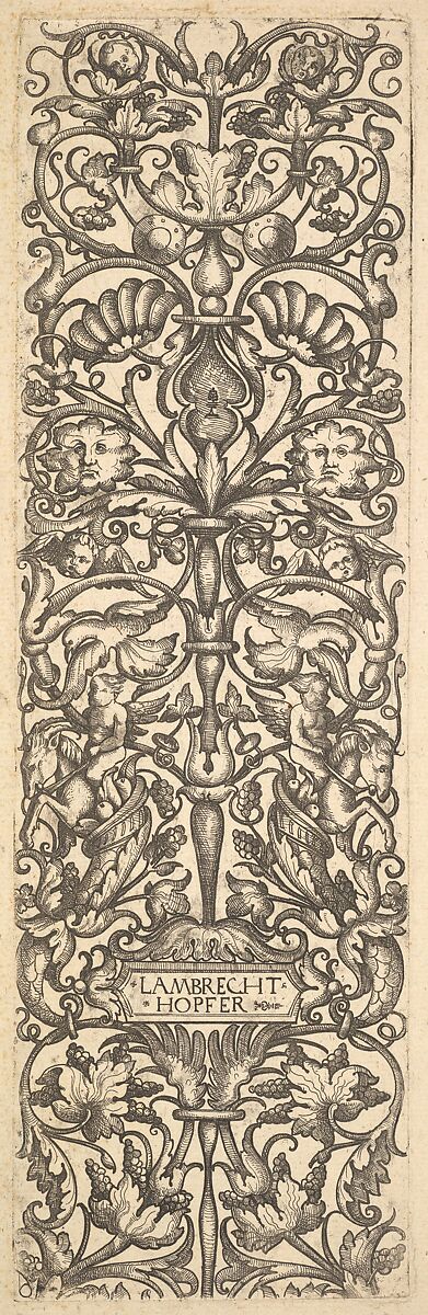 Candelabra with putti on goats at center, Lambrecht Hopfer (German, active ca. 1525–50), Etching 