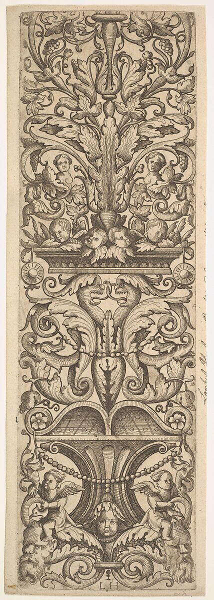 Candelabra Grotesque with Heads of Dolphins and Dragons in the Center, Lambrecht Hopfer (German, active ca. 1525–50), Etching; second state 