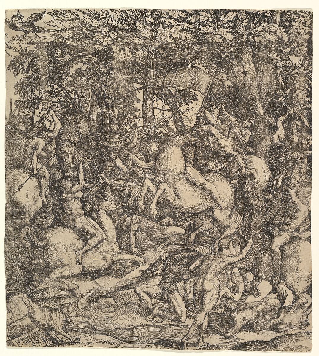 Battle between cavalry and infantry in a wood, Hieronymus Hopfer (German, ca. 1500–?1563), Etching; first state 
