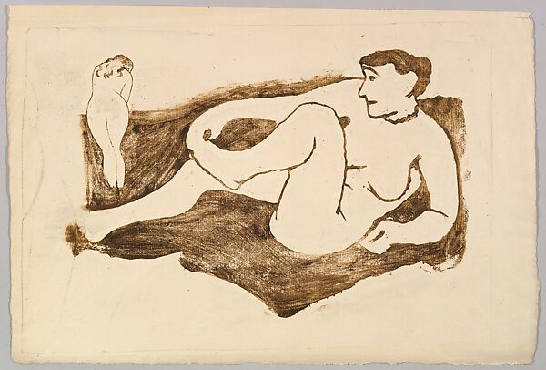 Reclining and Standing Female Nudes, Elie Nadelman (American (born Poland), Warsaw 1882–1946 Riverdale, New York), Linoleum cut, brown ink 