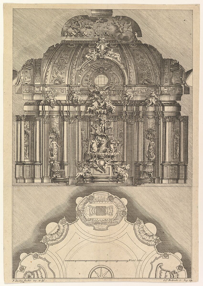 Cross-section and Floorplan of an Indoor Grotto, Gabriel Bodenehr (German, active 18th century), Etching 