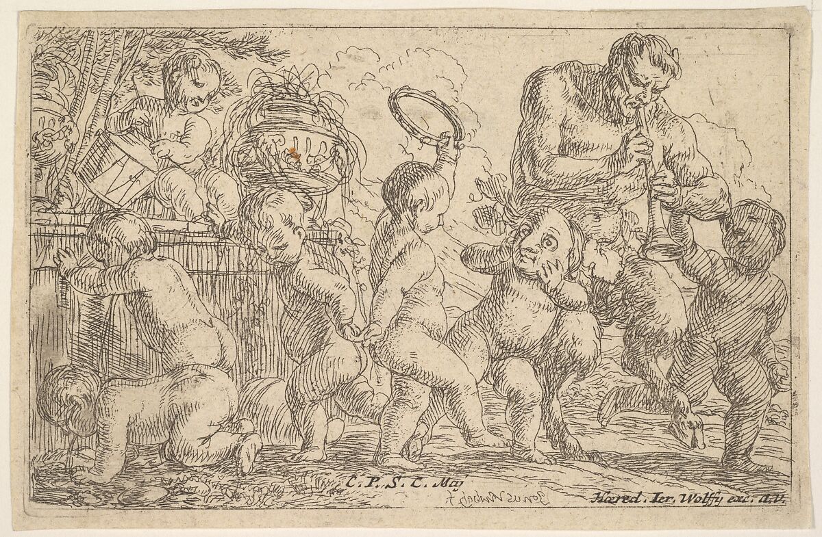 Satyr playing a pipe beside a putti holding a mask, surrounded by putti climbing over a low wall and dancing with musical instruments, Jonas Umbach (German, Augsburg 1624–1693 Augsburg), Etching 