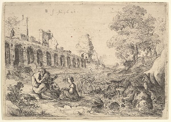 Corsica seated before satyrs on the bank of a river, from a pair of plates for Battista Guarini's 'Il Pastor fido'
