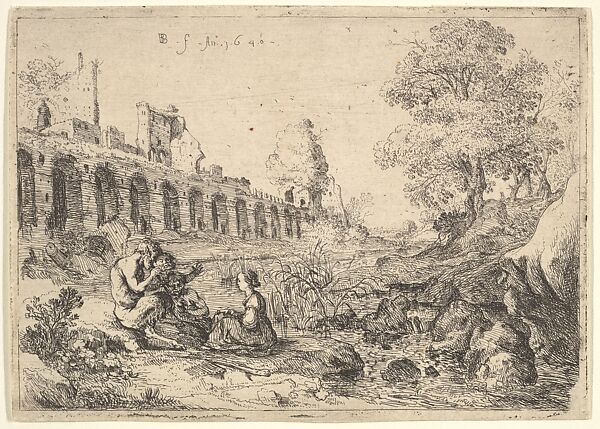 Corsica seated before satyrs on the bank of a river, from a pair of plates for Battista Guarini's 