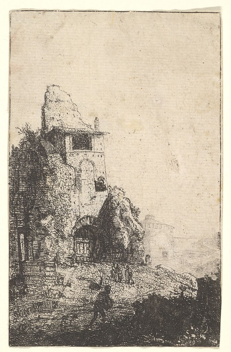 Plate 2: Calidarium at the Baths of Diocletian, with a man striding toward the right foreground, from the series 'The Ruins of Rome', Bartholomeus Breenbergh (Dutch, Deventer 1598–1657 Amsterdam), Etching 