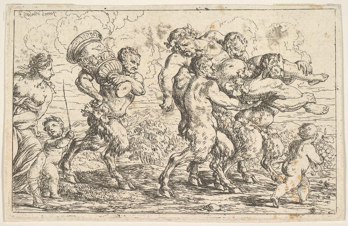 Three satyrs carrying the drunken Silenus, preceded by a putto carrying grapes; behind them a satyr carrying a large vessel, a putto, and a bare-breasted woman, Jonas Umbach (German, Augsburg 1624–1693 Augsburg), Etching 