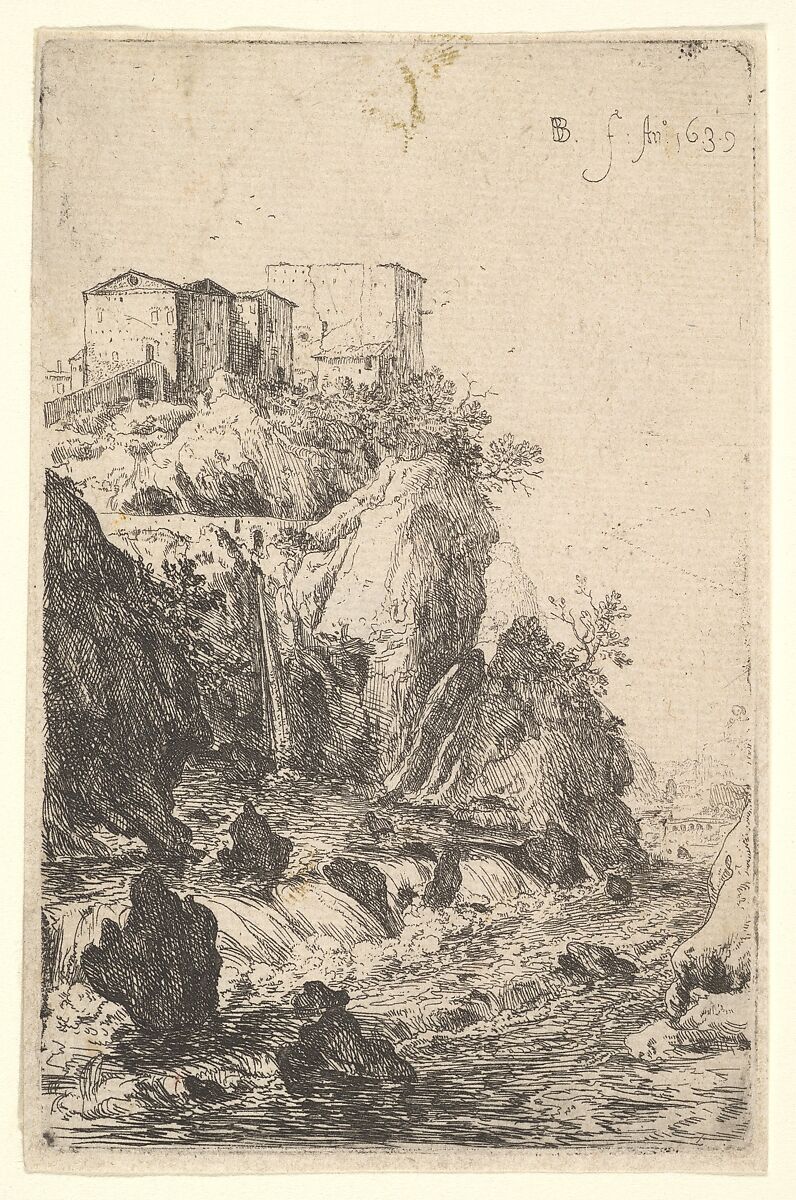Cascades near Ponte della Trave, with buildings on a rocky outcrop above, from the series 'The Ruins of Rome', Bartholomeus Breenbergh (Dutch, Deventer 1598–1657 Amsterdam), Etching 