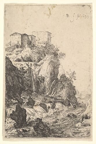 Cascades near Ponte della Trave, with buildings on a rocky outcrop above, from the series 'The Ruins of Rome'