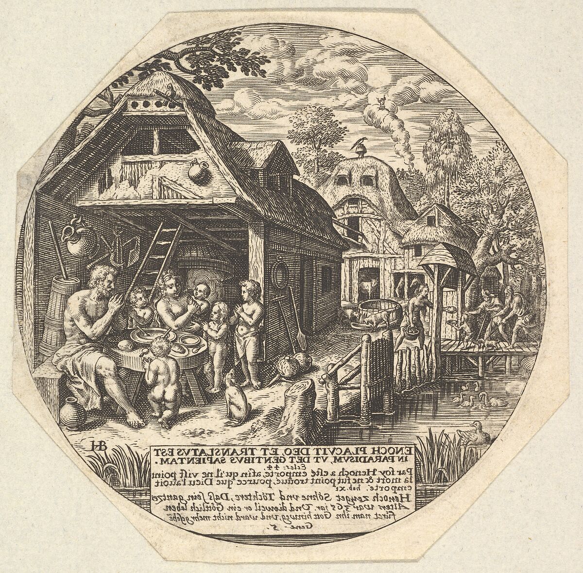 Enoch and his family surrounding a meal table and holding their hands in a gesture of prayer; behind them is the open end of house; to the right a woman hands out bread to a child, young man, and old man, Johann Theodor de Bry (Netherlandish, Strasbourg 1561–1623 Bad Schwalbach), Engraving 