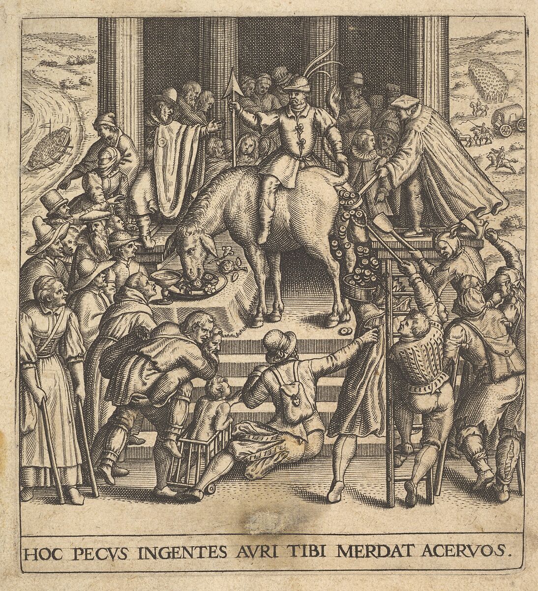 Men collecting dung dropping from the hindquarters of a mule, with a rider sitting backward on the mule and holding its tail aside, surrounded by onlookers spread around a stepped platform, from 'Secular emblems' (Emblemata saecularia), Johann Theodor de Bry (Netherlandish, Strasbourg 1561–1623 Bad Schwalbach), Engraving 