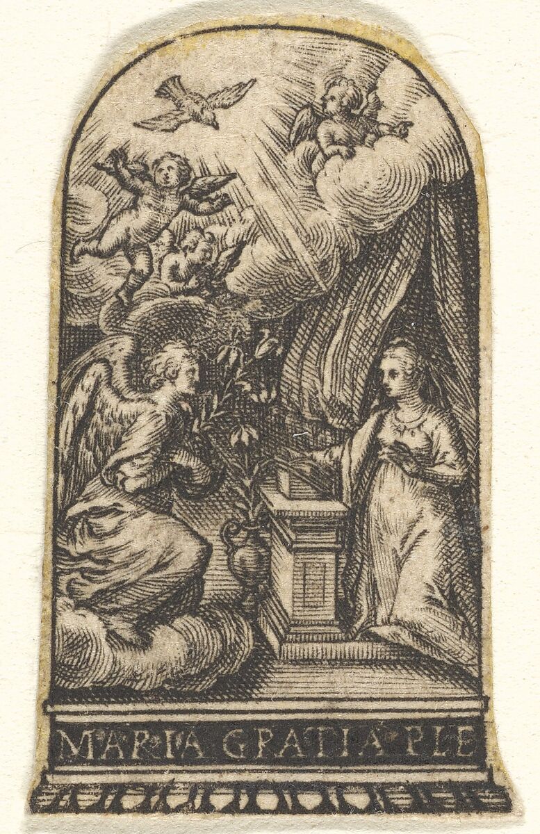 Annunciation, Mary kneels at a lectern as Gabriel approaches on a cloud from the left, with the dove of the Holy Spirit above, trimmed from an engraving showing decorations for thimbles, Johann Theodor de Bry (Netherlandish, Strasbourg 1561–1623 Bad Schwalbach), Engraving 