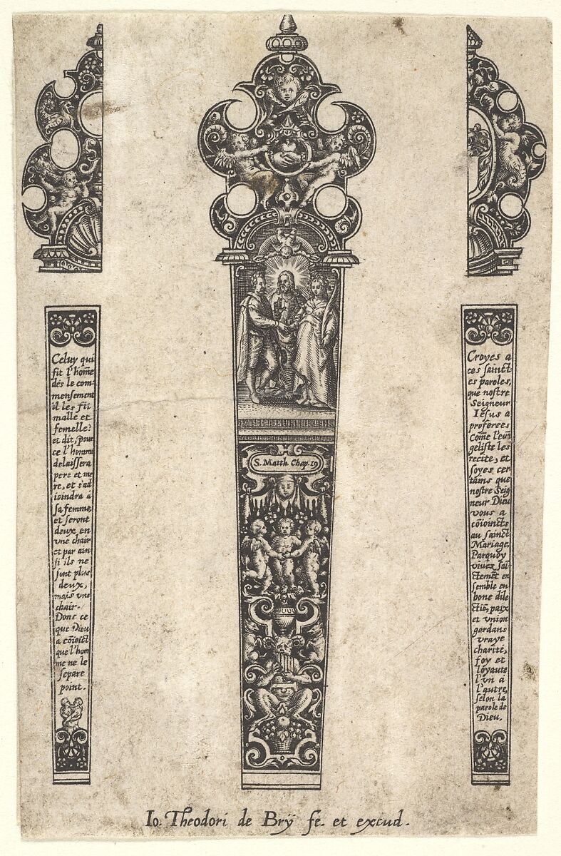 Design for knife handle to commemorate a marriage, Johann Theodor de Bry (Netherlandish, Strasbourg 1561–1623 Bad Schwalbach), Engraving 