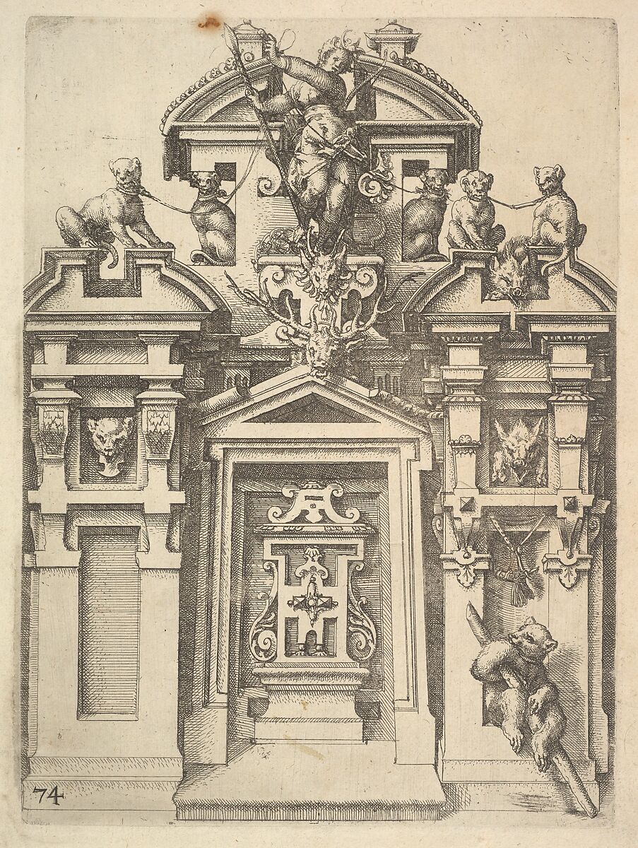Design for an Architectural Structure with a Hunting Theme , Plate 74 from Dietterlin's Architettura, Wendel Dietterlin, the Elder (German, Pfullendorf 1550/51–ca. 1599 Strasbourg), Etching 