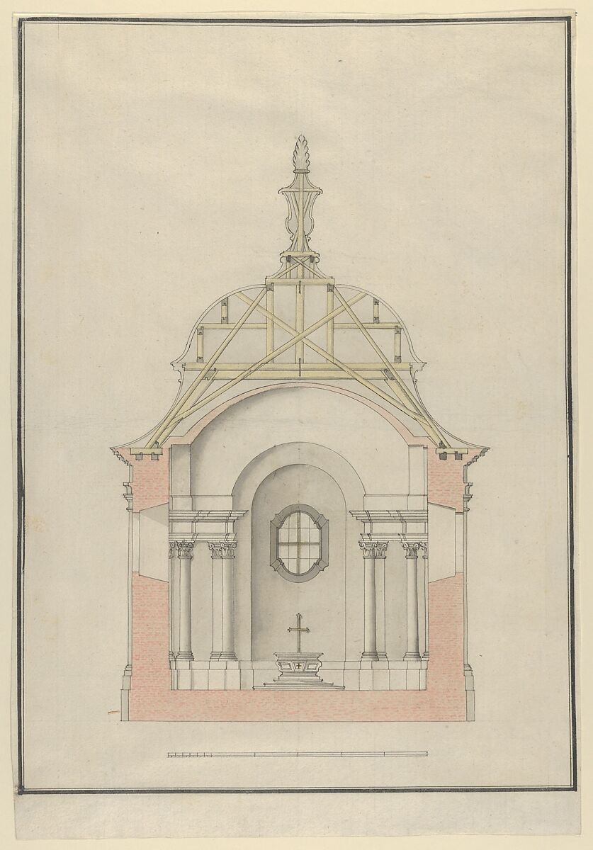 Cross Section of a Baroque Church or Chapel with a Bell-shaped Roof, pen and ink (partly over graphite) and colored washes 