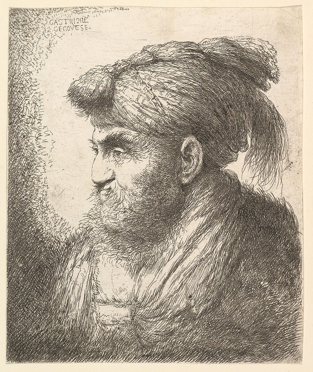 A bearded man wearing a tasseled headdress facing left, from "Heads in Oriental Headdress", Giovanni Benedetto Castiglione (Il Grechetto) (Italian, Genoa 1609–1664 Mantua), Etching 