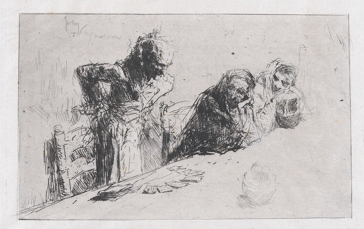 Cardplayers: three men, two seated one standing before a spread of cards on a table, Mariano Fortuny Marsal (Spanish, Reus 1838–1874 Rome), Etching 