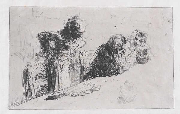 Cardplayers: three men, two seated one standing before a spread of cards on a table