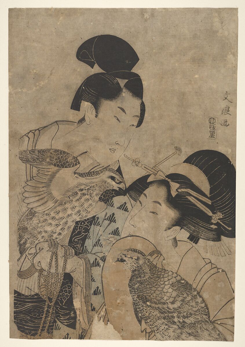 Two women with falcons, Unidentified (Japanese, 19th century), Handcolored woodcut, Japan 