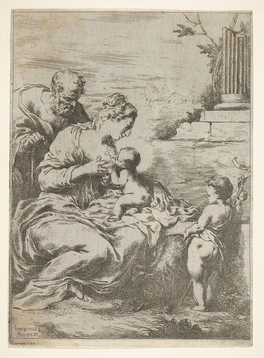 The Holy Family with the infant St John the Baptist at right, Bartolomeo Biscaino (Italian, Genoa 1629–1657 Genoa), Etching 