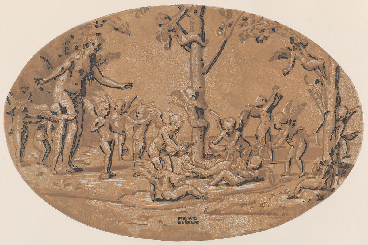 Venus at left in the company of cupids playing, Attributed to Ugo da Carpi (Italian, Carpi ca. 1480–1532 Bologna), Chiaroscuro woodcut in black and three tone blocks in beige, brown and dark brown