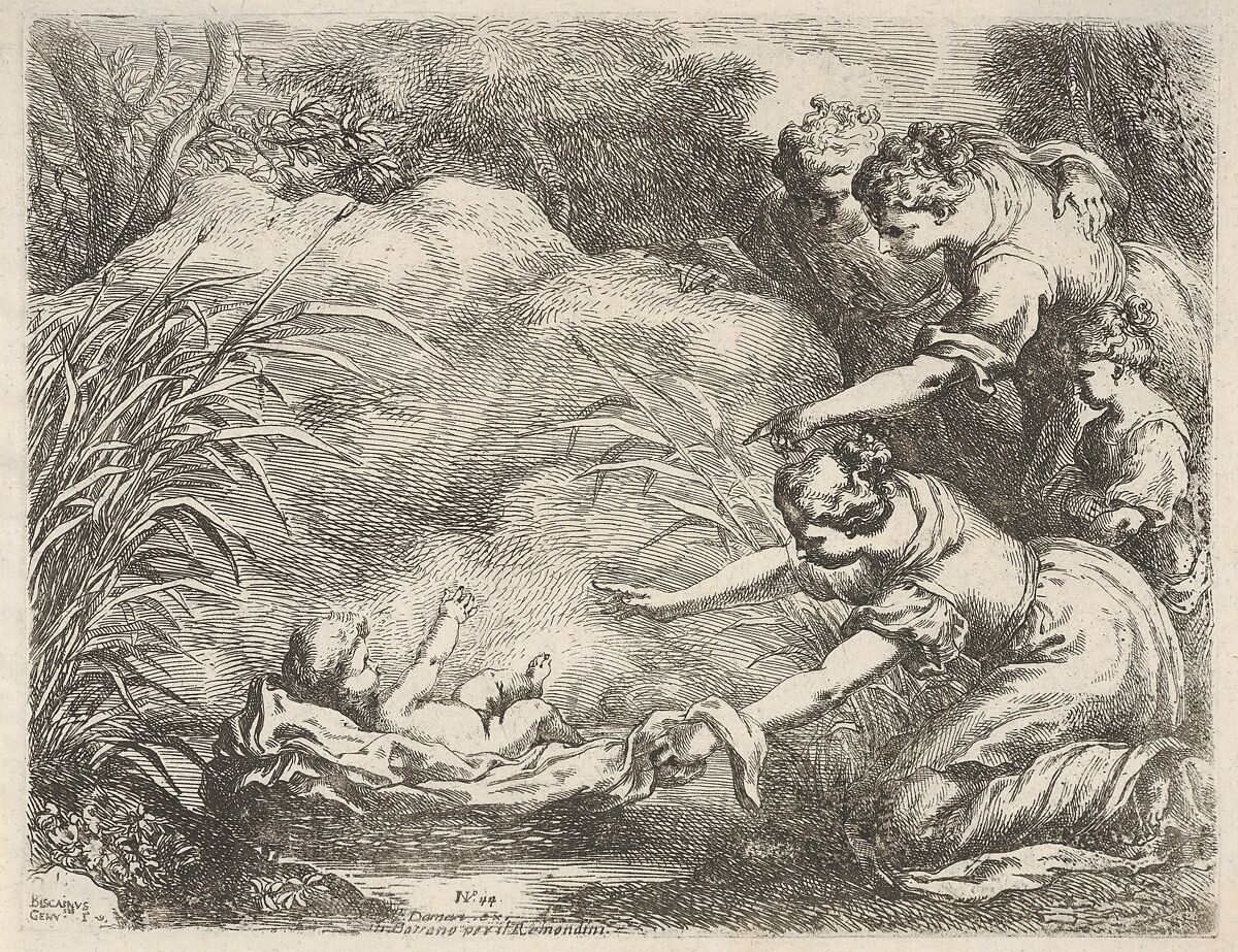 The finding of Moses who is rescued from the Nile by the maidservants of Pharaoh's daughter, Bartolomeo Biscaino (Italian, Genoa 1629–1657 Genoa), Etching 