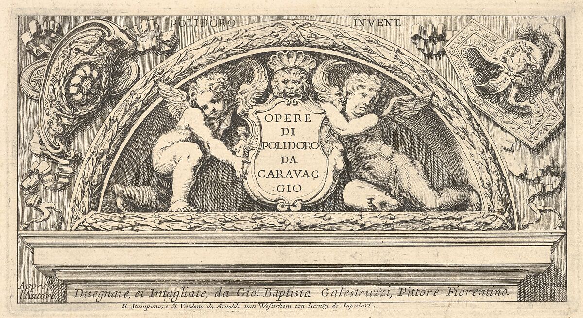 Titeplate to series of prints after Poloidoro,  title on a shield supported by two putti, Giovanni Battista Galestruzzi (Italian, Florence, 1615 or 1618–after 1669), Etching; second state 