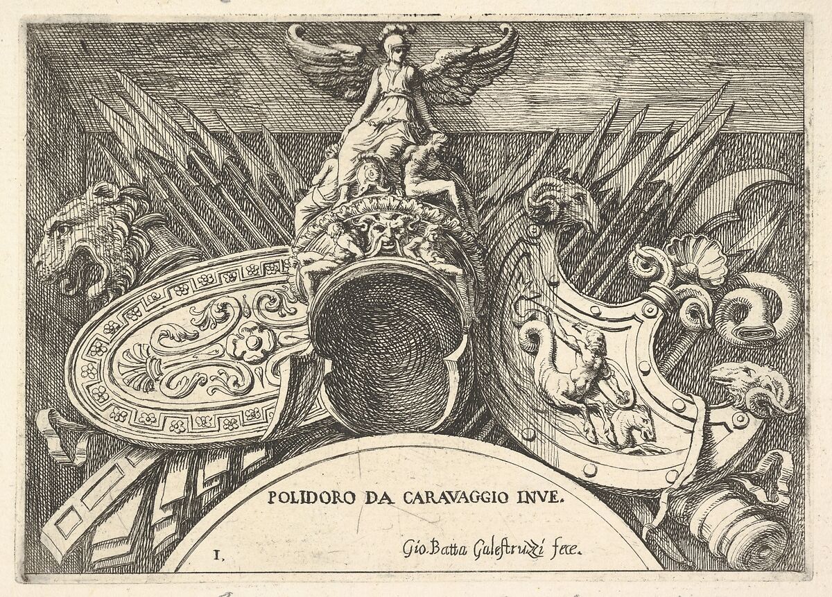 Plate 1: trophies of Roman arms from decorations above the windows on the second floor of the Palazzo Milesi in Rome, Giovanni Battista Galestruzzi (Italian, Florence, 1615 or 1618–after 1669), Etching; second state 