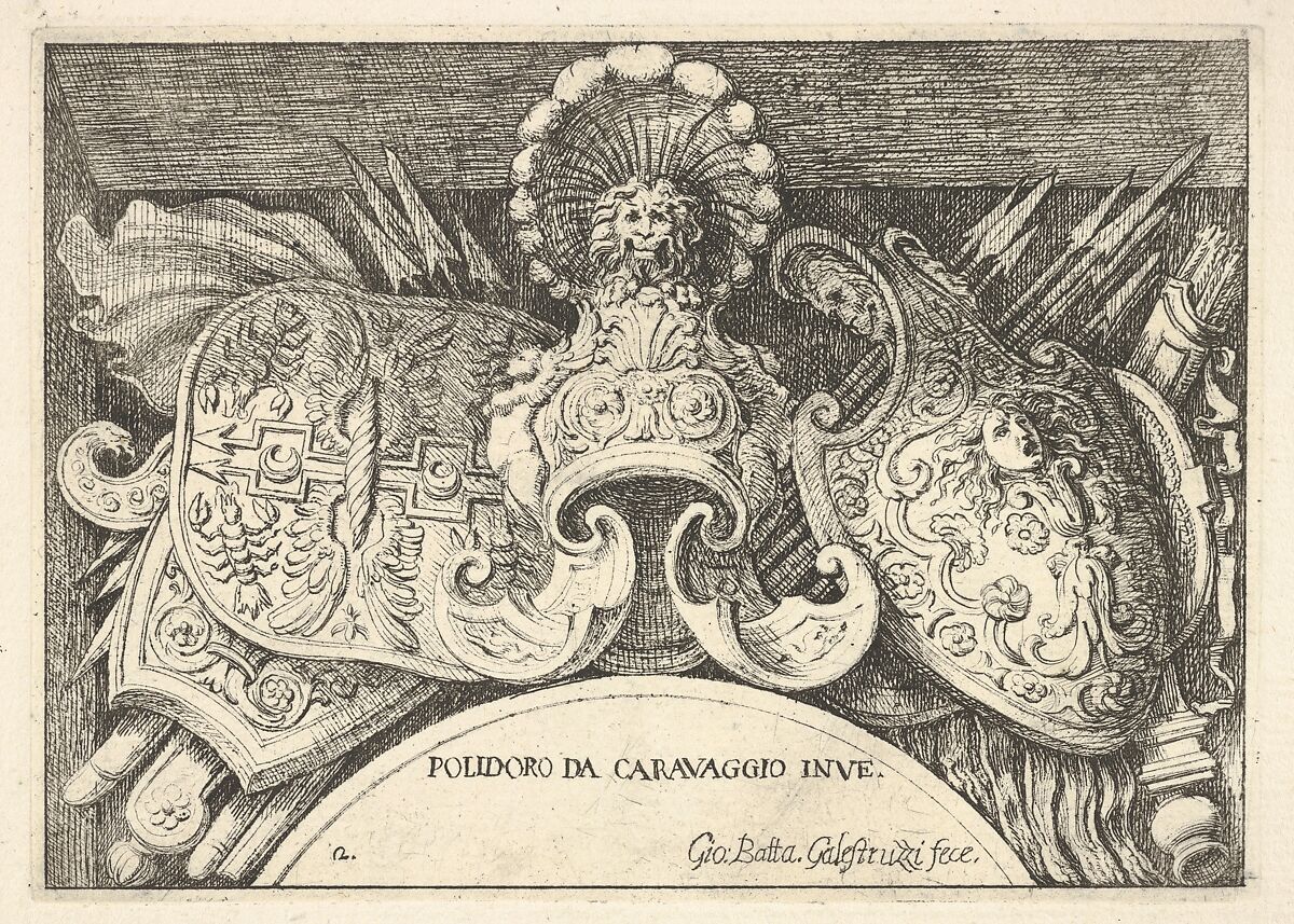 Plate 2: trophies of Roman arms from decorations above the windows on the second floor of the Palazzo Milesi in Rome, Giovanni Battista Galestruzzi (Italian, Florence, 1615 or 1618–after 1669), Etching; second state 