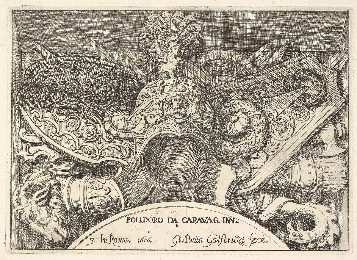 Plate 3: trophies of Roman arms from decorations above the windows on the second floor of the Palazzo Milesi in Rome, Giovanni Battista Galestruzzi (Italian, Florence, 1615 or 1618–after 1669), Etching; second state 