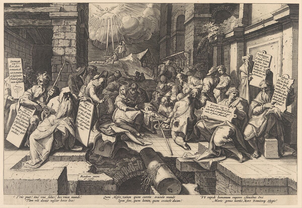 The Adoration of the Shepherds, Surrounded by Moses and Five Prophets, Jacob Matham (Netherlandish, Haarlem 1571–1631 Haarlem), Engraving; second state of two 
