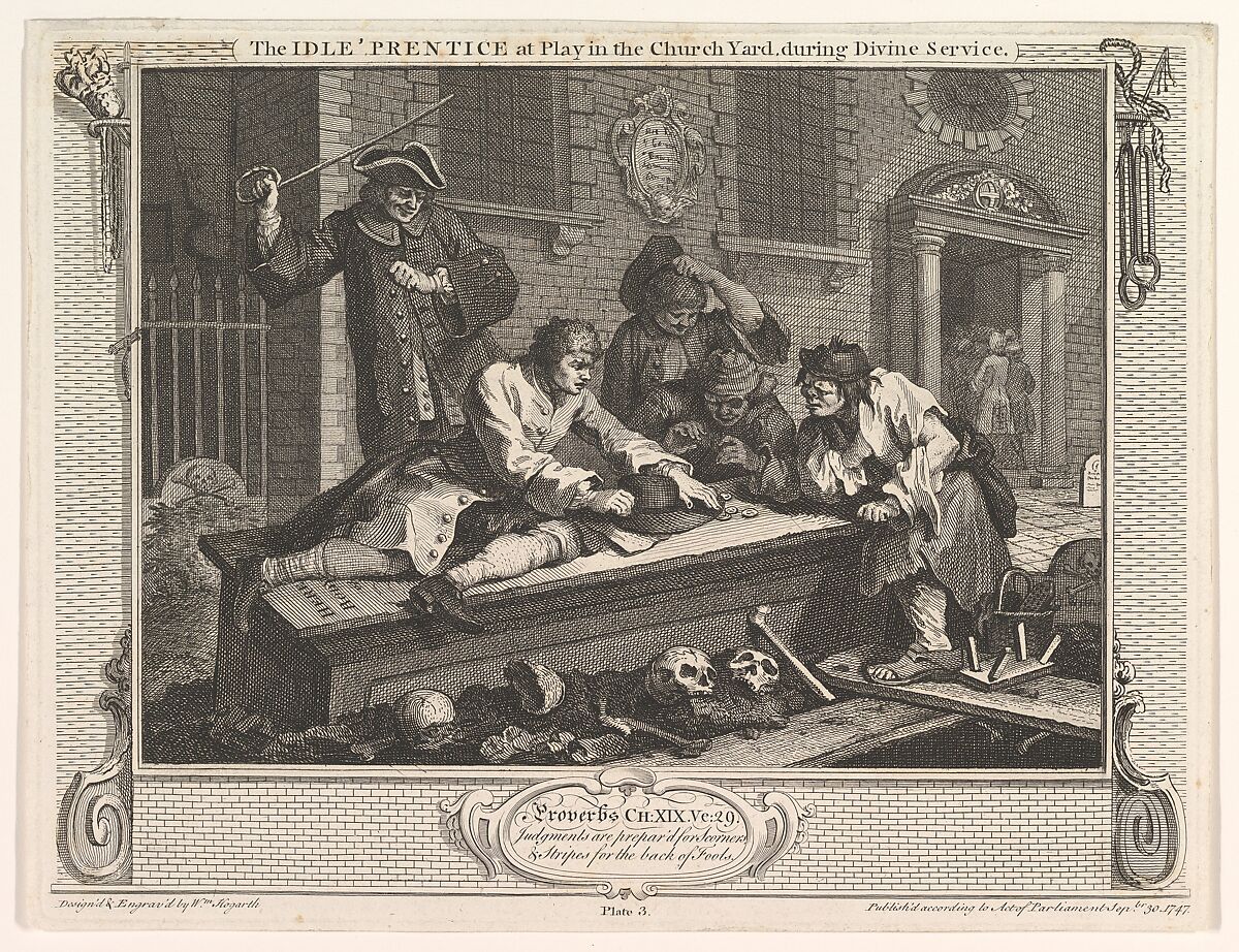 The Idle 'Prentice at Play in the Church Yard (Industry and Idleness, plate 3), William Hogarth (British, London 1697–1764 London), Etching and engraving; second state of two 