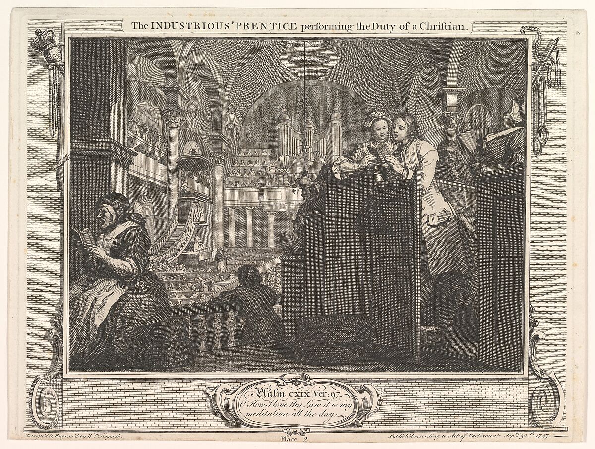 The Industrious 'Prentice Performing the Duty of a Christian (Industry and Idleness, plate 2), William Hogarth (British, London 1697–1764 London), Etching and engraving; second state of two 