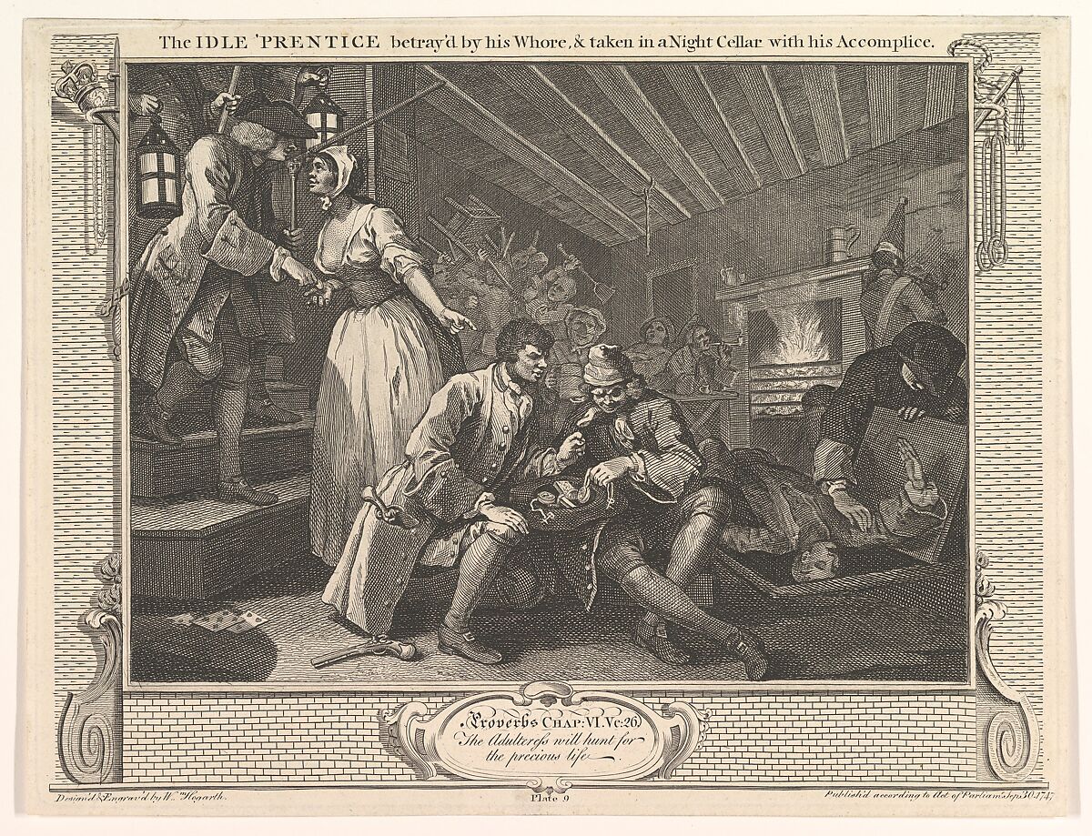 The Idle 'Prentice Betrayed by his Whore and Taken in a Night Cellar with his Accomplice (Industry and Idleness, plate 9), William Hogarth (British, London 1697–1764 London), Etching and engraving; third state of four 