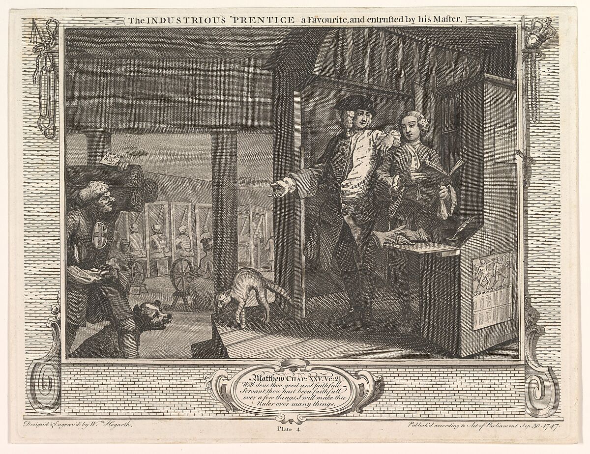 The Industrious 'Prentice a Favorite and Entrusted by his Master (Industry and Idleness, plate 4), William Hogarth (British, London 1697–1764 London), Etching and engraving; second state of two 