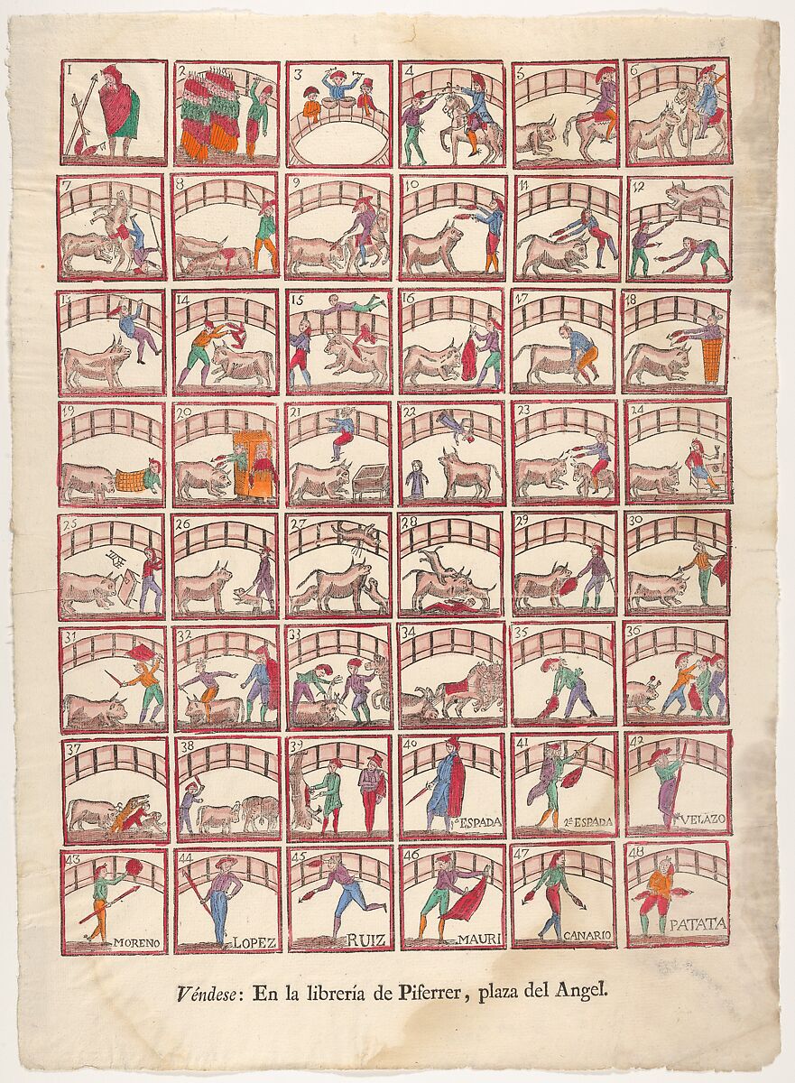 Forty-eight vignettes of bullfighting manoeuvers and scenes from the ring, Anonymous, Woodcut, hand coloured using stencils 
